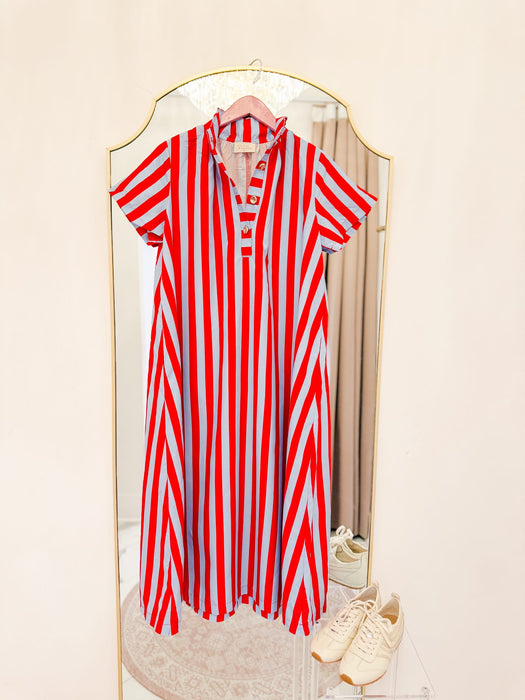 Stand High Neck Stripe Midi Dress