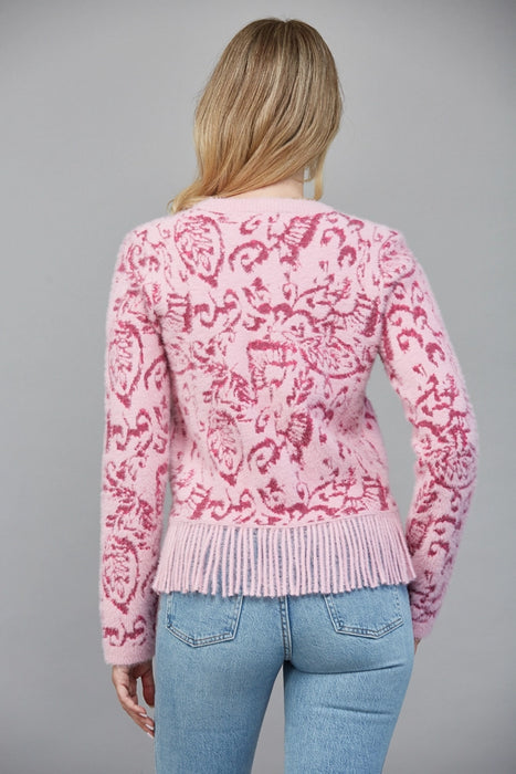 Jacquard Patterned Fringe Hem Cardigan