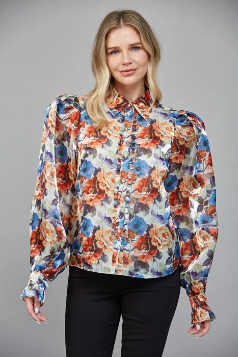 Floral Print Ruffle Button Down