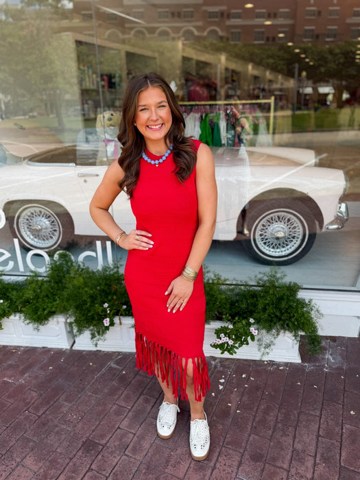 Textured Knit Fringe Midi Dress