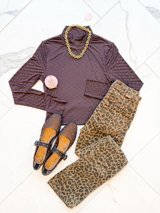 Embellished Mesh Mock Neck Top