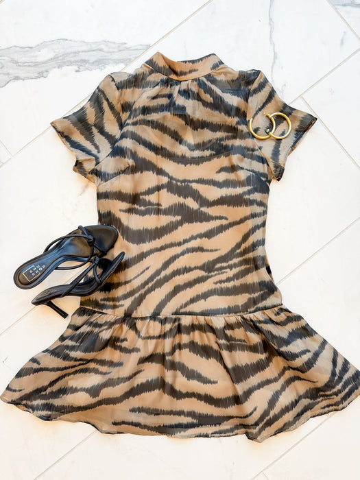 Animal Print Soft Organza Mock Neck Mini