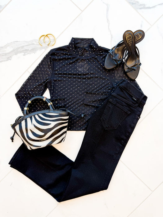 Embellished Mesh Mock Neck Top