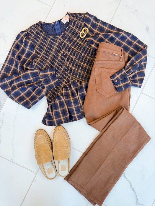 Plaid Smocked Long Sleeve Top