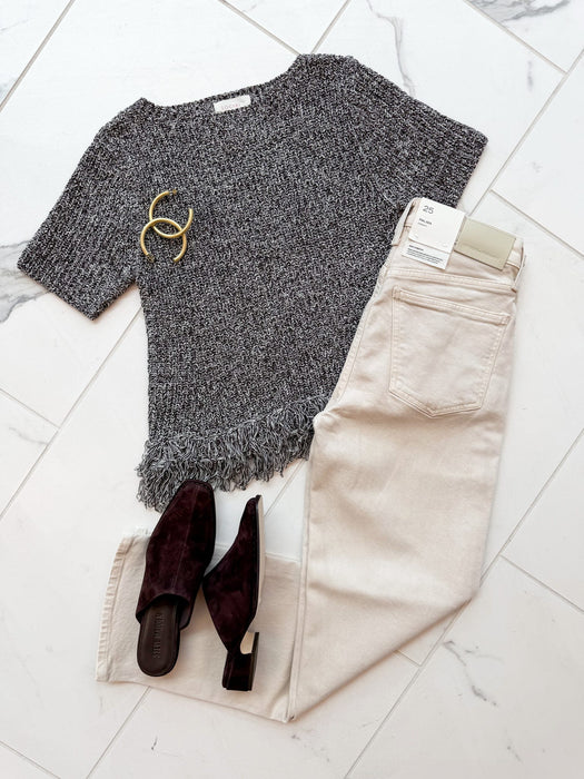 Short Sleeve Bottom Fringe Sweater