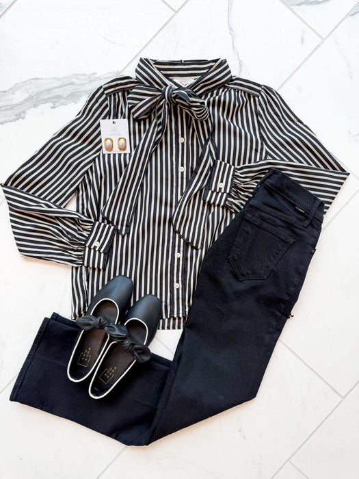 Striped Tie Neck Button Down Blouse