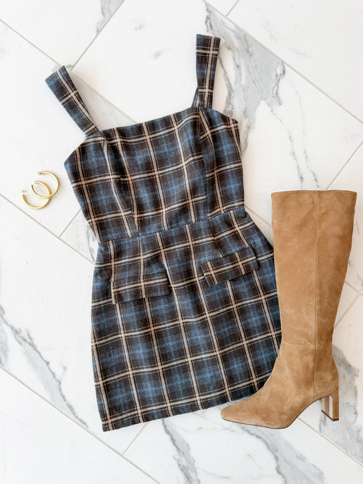 Plaid Tweed Square Neck Mini Dress