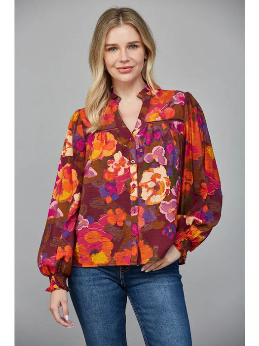Floral Ruffle V Neck Blouse