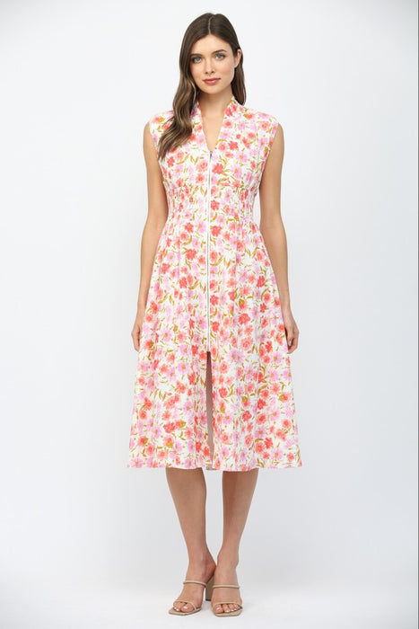 Floral Jacquard Front Zip Dress