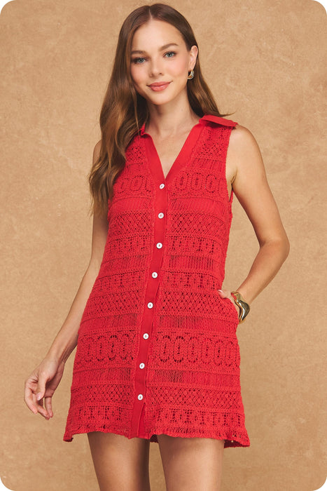 Crochet Lace Button Down Mini Dress