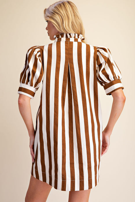 Ruffle Neck Puff Sleeve Stripe Mini