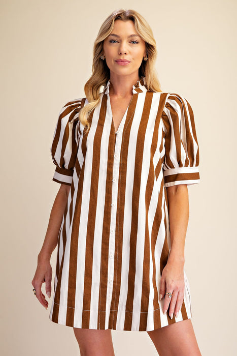 Ruffle Neck Puff Sleeve Stripe Mini