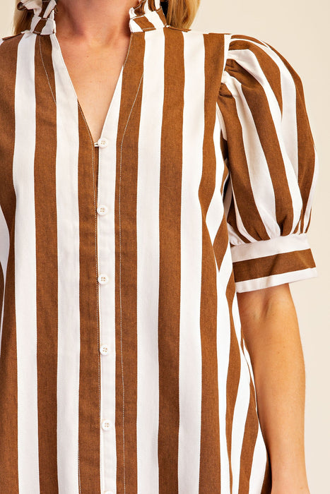 Ruffle Neck Puff Sleeve Stripe Mini