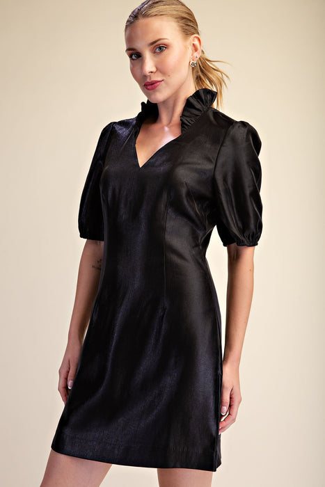 Ruffle Neck Puff Sleeve Mini Dress
