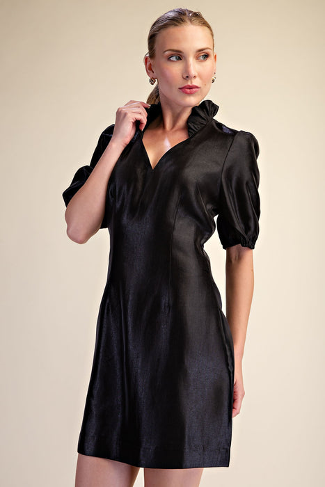 Ruffle Neck Puff Sleeve Mini Dress