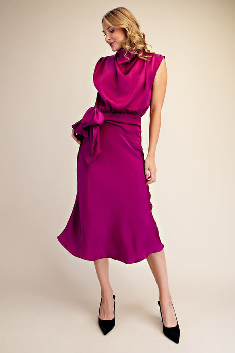 Mock Neck Sleeveless Waist Tie Midi