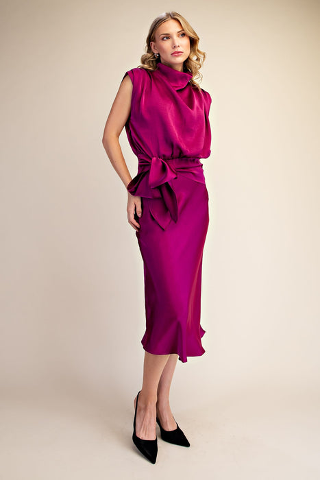 Mock Neck Sleeveless Waist Tie Midi