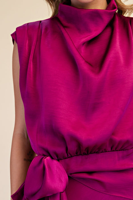 Mock Neck Sleeveless Waist Tie Midi