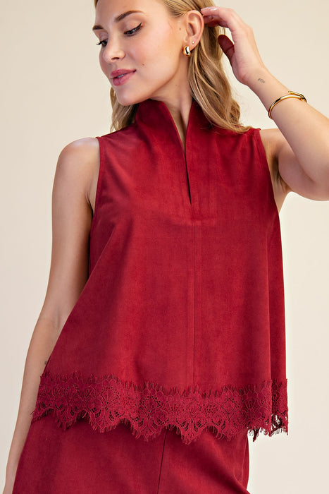 Stand Collar V Neck Lace Trim Tank