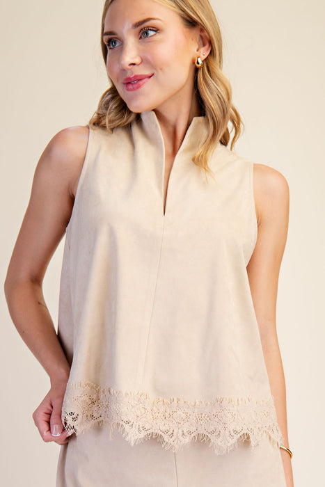 Stand Collar V Neck Lace Trim Tank