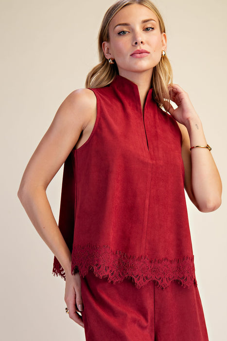 Stand Collar V Neck Lace Trim Tank