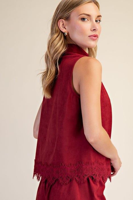 Stand Collar V Neck Lace Trim Tank