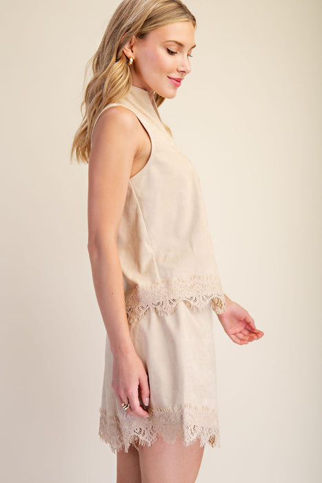Stand Collar V Neck Lace Trim Tank