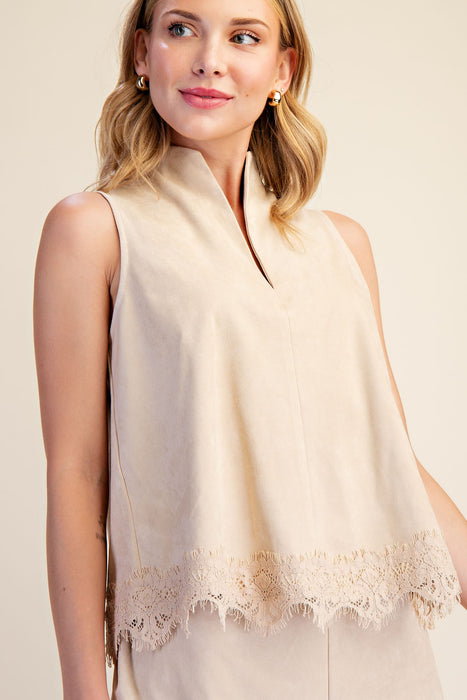 Stand Collar V Neck Lace Trim Tank