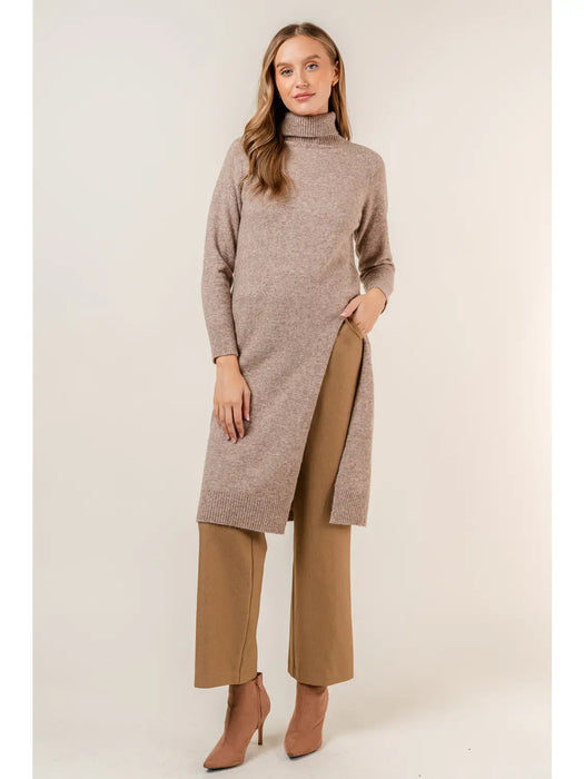 Turtle Neck Slit Long Sweater