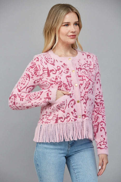 Jacquard Patterned Fringe Hem Cardigan