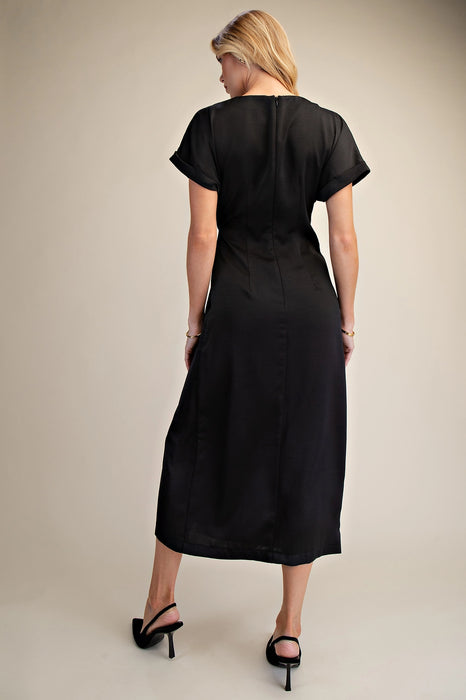 Gathered Metal Trim Short Sleeve Midi Dress