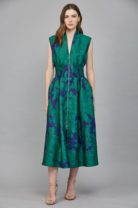 Floral Jacquard Zip Front Midi Dress