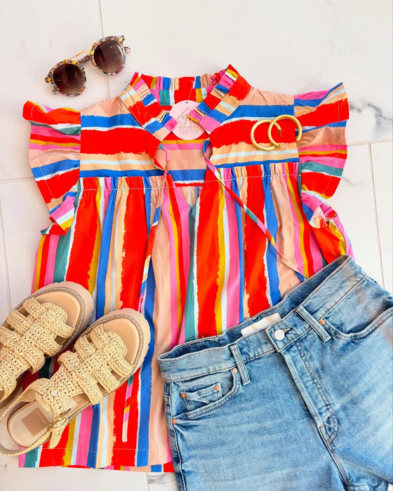 Stripe Flutter Sleeve Top