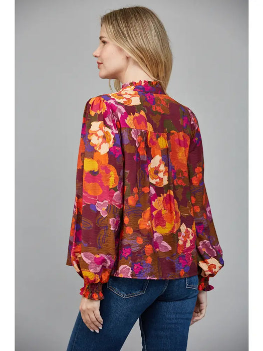 Floral Ruffle V Neck Blouse