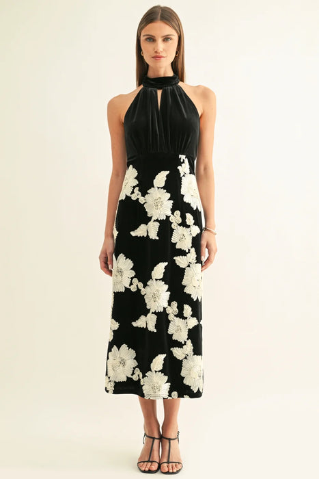 Oaklyn Flower Embellished Velvet Halter Midi