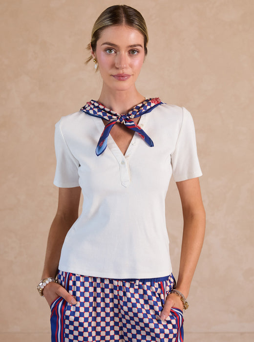 Short Sleeve Knit Top and Printed Scarf
