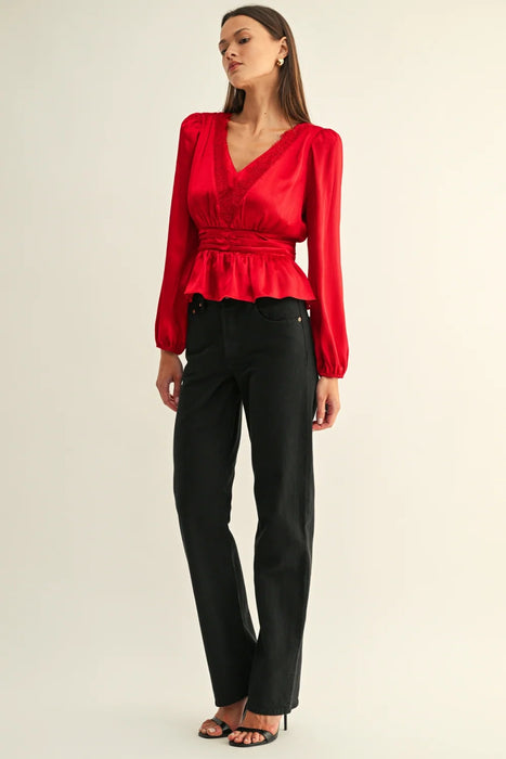 Jordyn Lace Inserted Long Sleeve Peplum Top