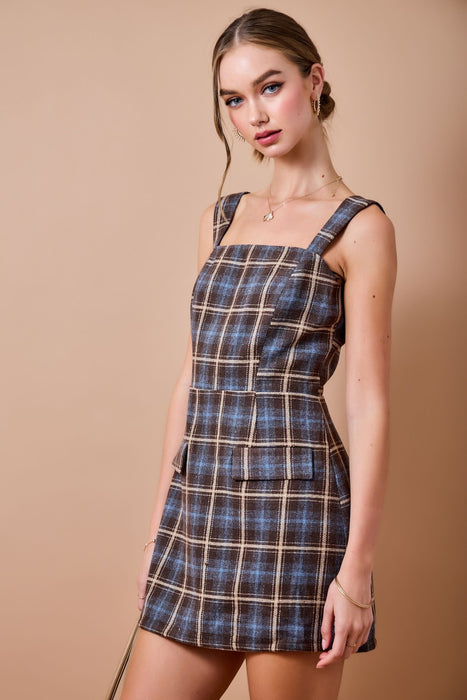 Plaid Tweed Square Neck Mini Dress