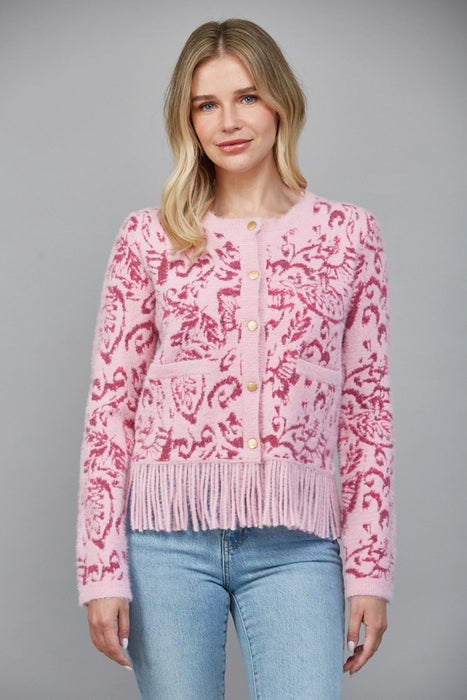 Jacquard Patterned Fringe Hem Cardigan
