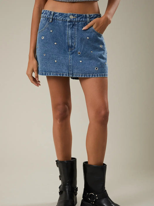 Low Rise Stud/Grommet Denim Skirt