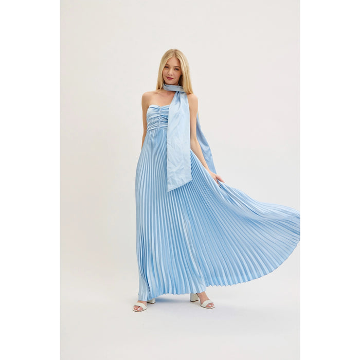 Pleated Satin Maxi with Scarf