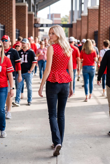 Polka Dot Stretch Denim Peplum Top