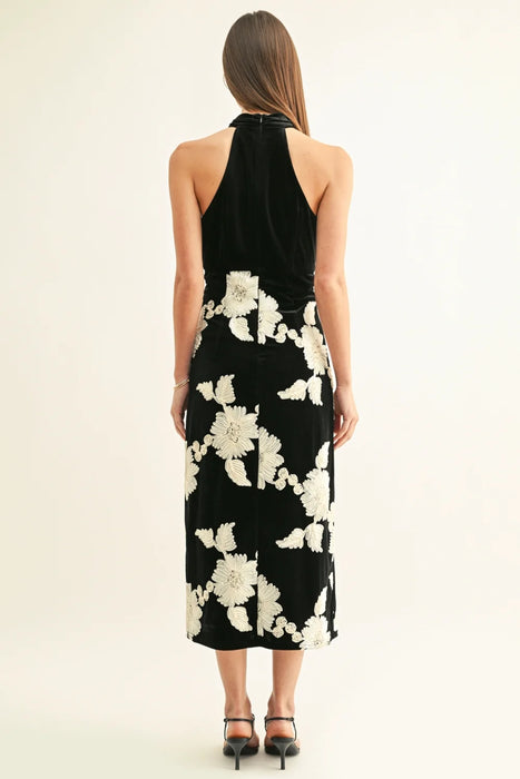 Oaklyn Flower Embellished Velvet Halter Midi