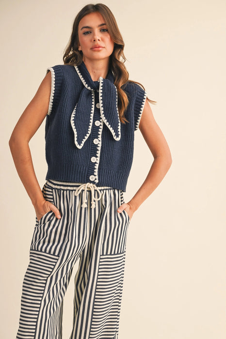 Tie Neck Stitch Sweater Vest