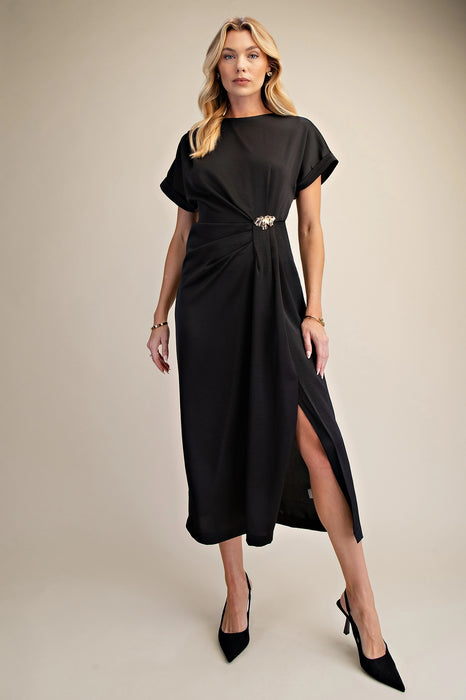 Gathered Metal Trim Short Sleeve Midi Dress