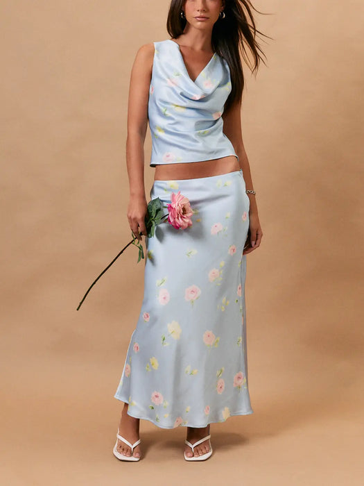 Floral Satin Midi Skirt