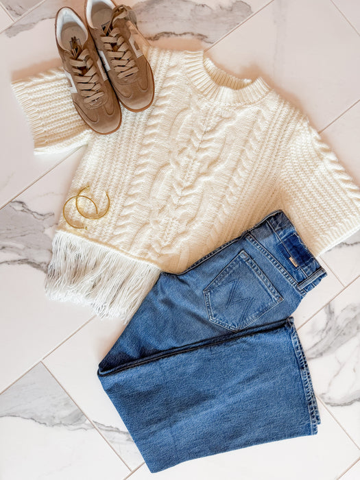 Crewneck Short Sleeve Fringe Hem Sweater