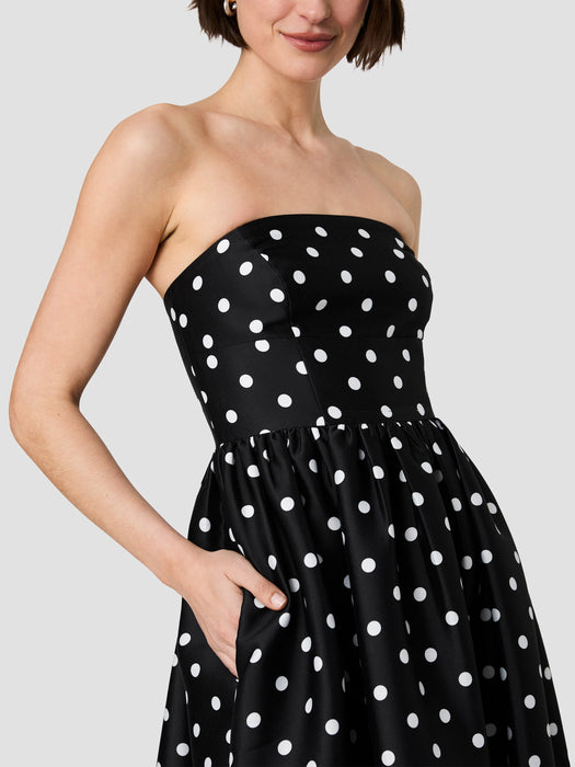 Structured Taffeta Polka Dot Strapless Midi Dress