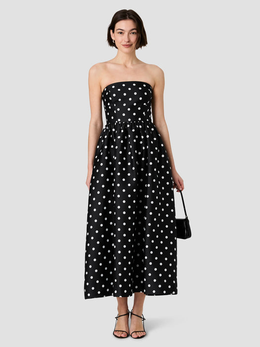 Structured Taffeta Polka Dot Strapless Midi Dress