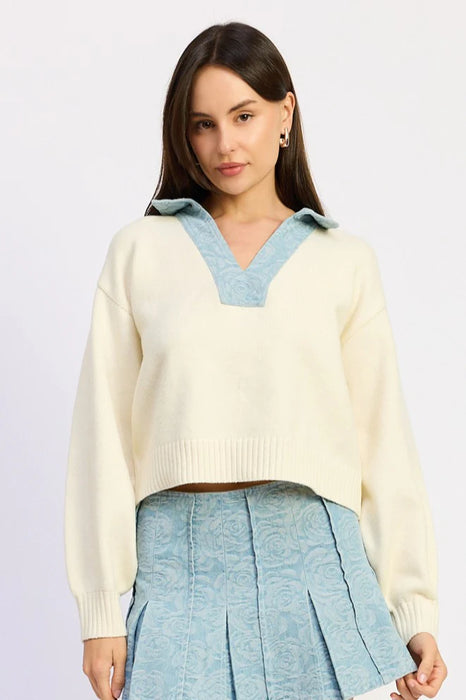 Mixed Media Denim Collar Sweater